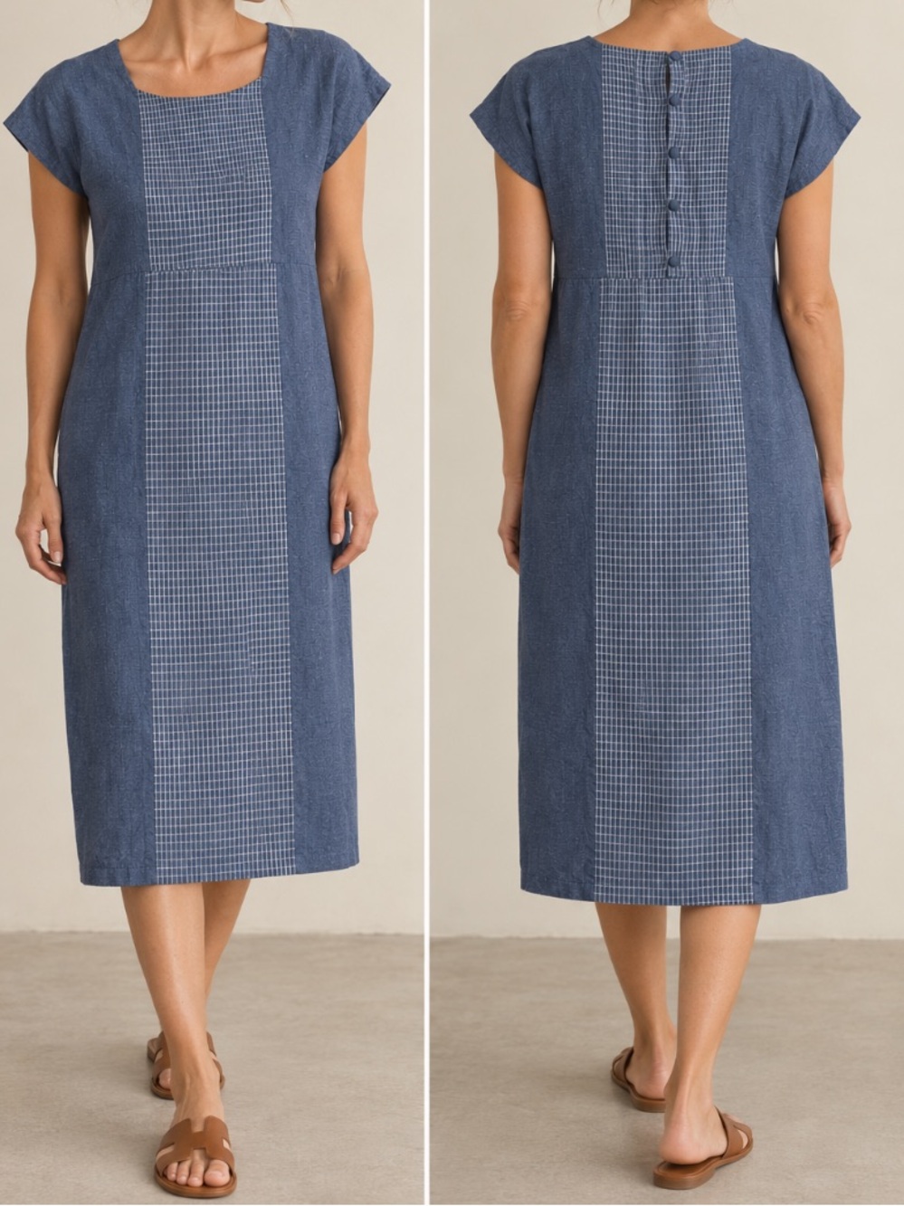 Poetry Blue Hemp Organic Cotton Check Panel Midi Dress Size 10
